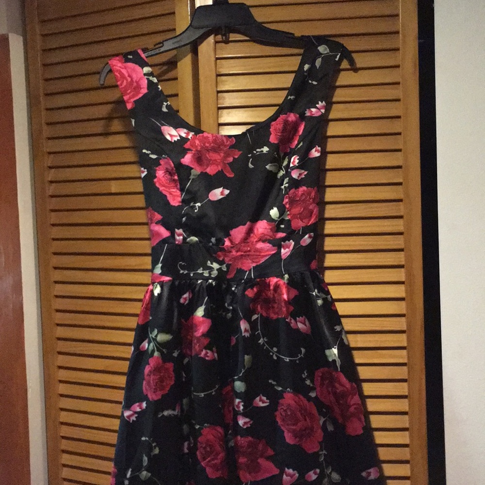 Black floral party dress.